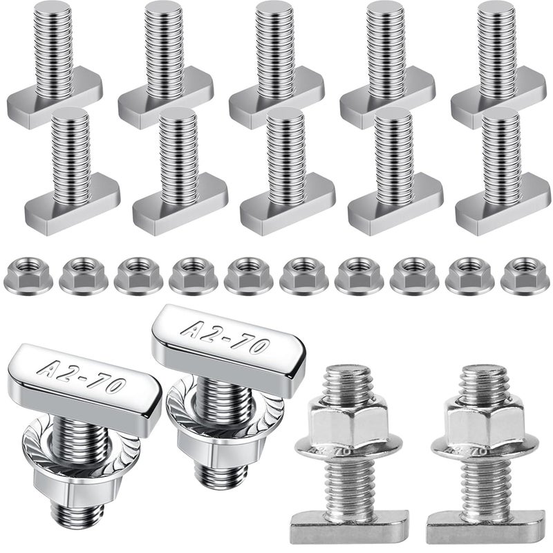 Yeasing T Bolt Set M8x20mm T Slot Drop-in Bolt Hammer Head Bolts T Shape Stud Sliding Screw with 10 Pcs Hexagon Flange Nuts for Aluminum Extrusion Profile Photovoltaic Solar Mounting, sliver - Image 1
